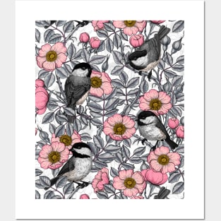 Chickadees in the wild rose, pink and gray Posters and Art